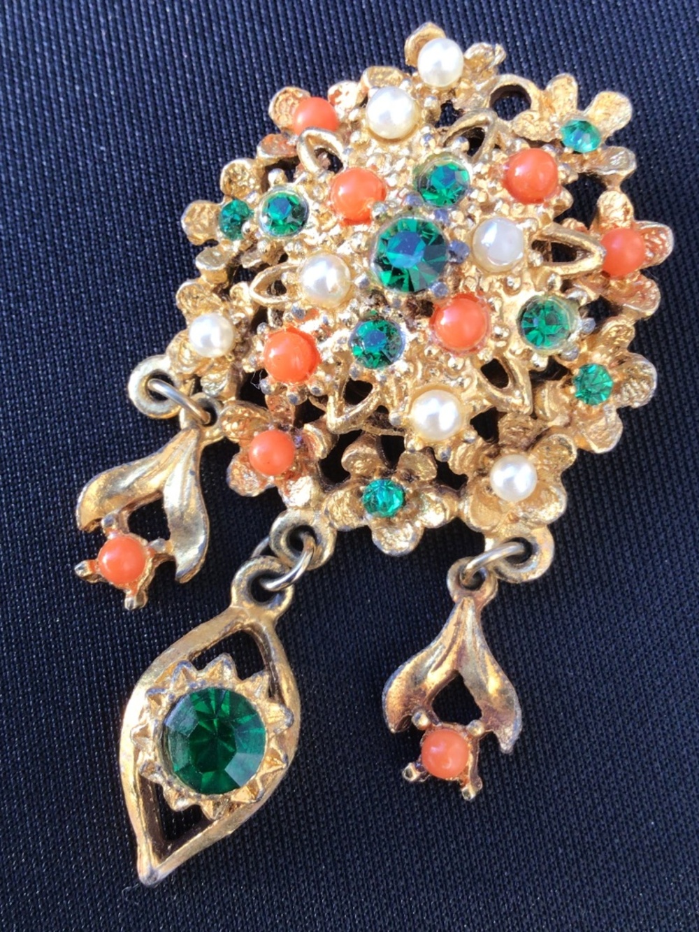 Renaissance-style Vintage Brooch with Green Stones Faux Pearls Coral Beads